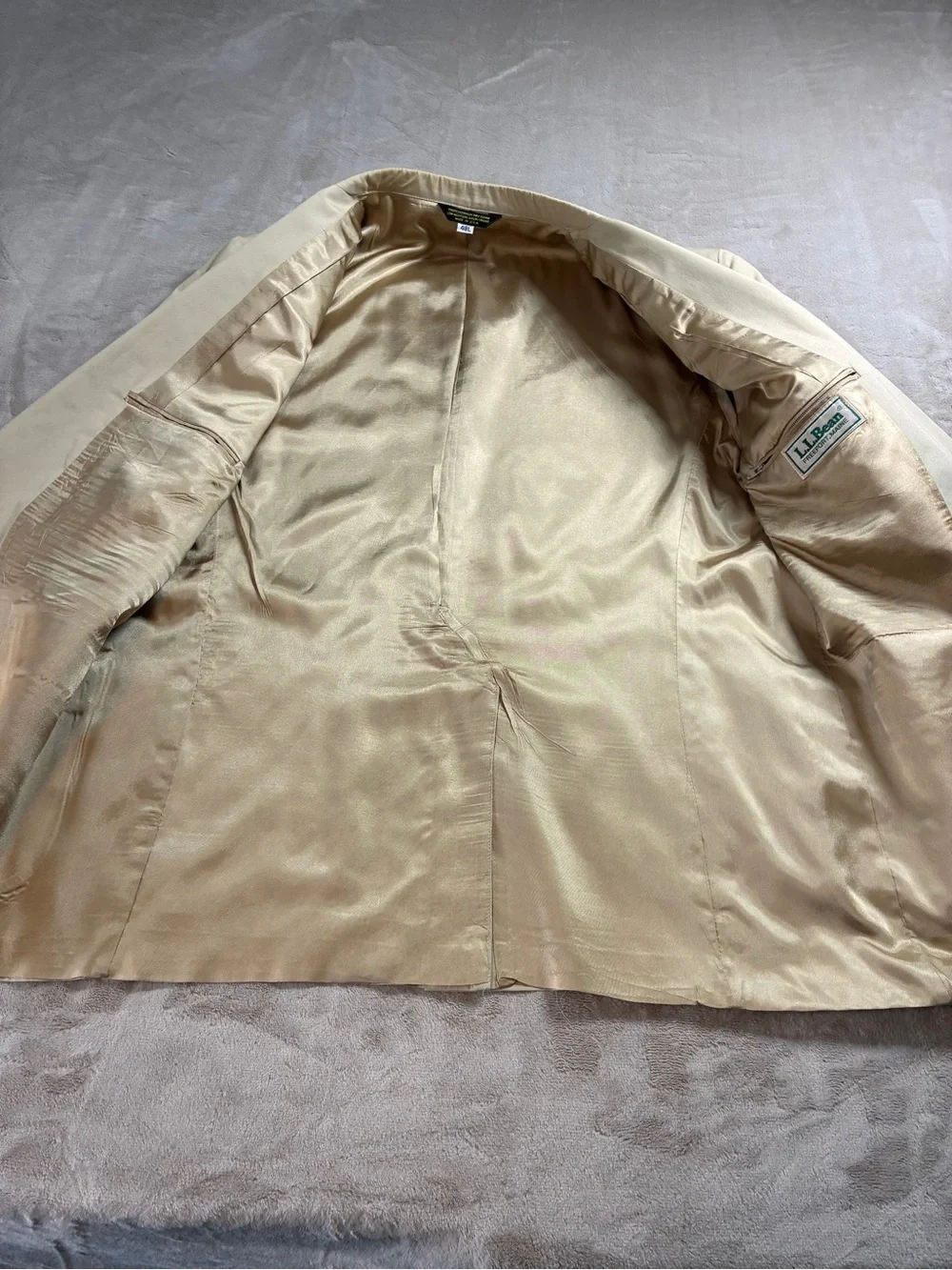 Vintage LL Bean Mens Sport Coat Blazer 48L Khaki Combed Cotton Made In USA Flaws